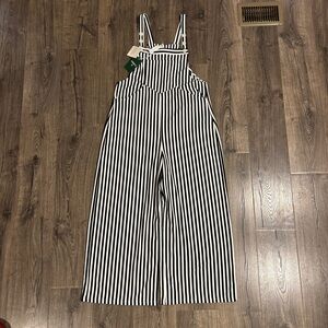 Halara Pockets Waffle Overall Women's Large Black White Horizontal Stripe NWT